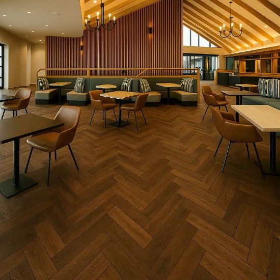 Commercial dark herringbone parquet dining