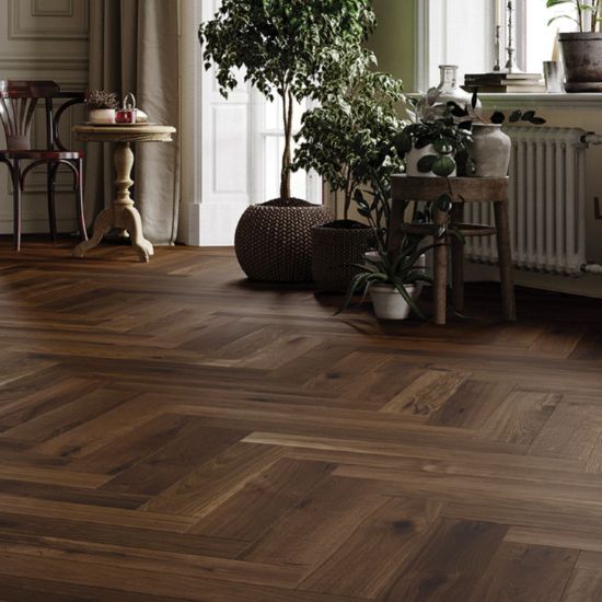 Dark wood herringbone parquet living